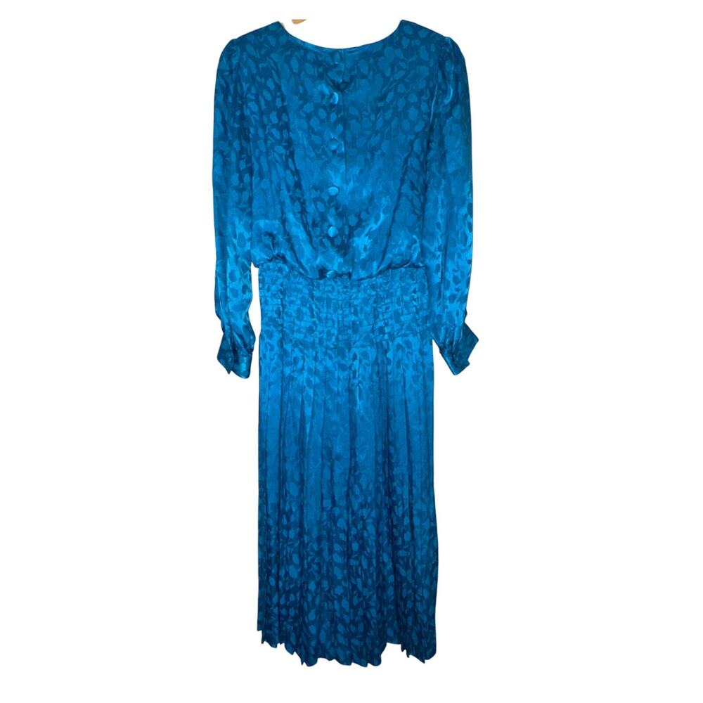 Vintage 80s Silk Long Sleeve Dress Bright Blue Teal Dressy Retro 10 Structured